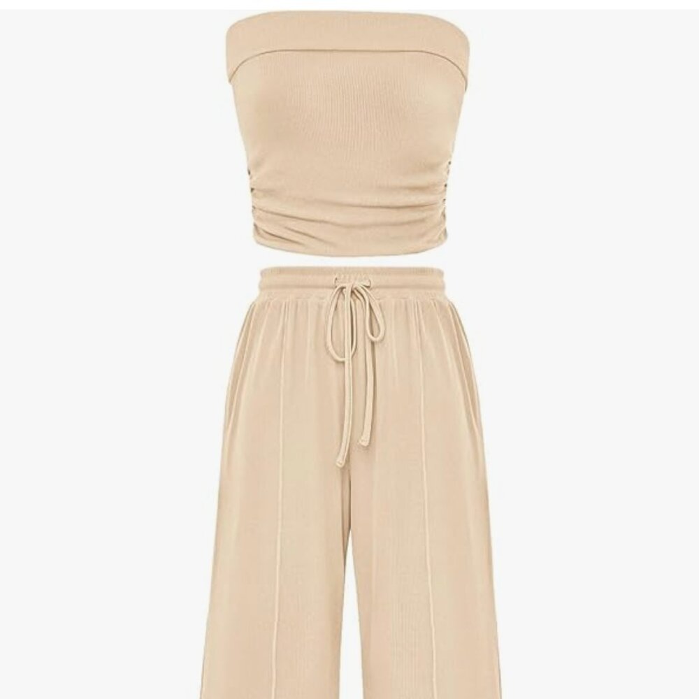 2 Piece Set Ribbed Knit Crop Tube Top Wide Leg Pant